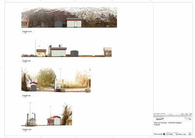 Fasadetegninger som viser bygningens utsyn fra nord, sør, øst og vest.