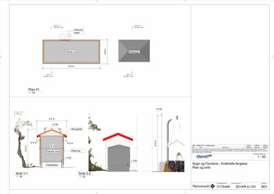 Tegning som viser snitt gjennom en bygning (Snitt 1-1 og Snitt 2-2) med mål og konstruksjonsdetaljer.