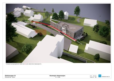 3D-visualisering (rendering) av et byggeprosjekt med omgivelsene, inkludert nabolagshus, trær og terreng. Bildet viser også en rød linje som markerer en avgrensning eller dispensasjon.