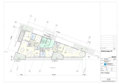 Etasjeplan (Plan 3) som viser romfordeling, møblering og mål for en boligblokk.