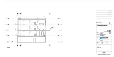 Snittegning (Snitt A) som viser bygningens tverrsnitt gjennom etasjene, med romfordeling og konstruksjonsdetaljer.