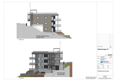 Fasadetegning som viser bygningens utseende fra vest og øst, inkludert terrengforhold.