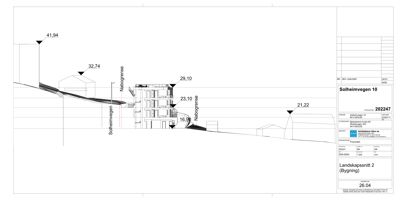Landskapssnitt (tverrsnitt) som viser høydekurve, terrengform og bygningers plassering i forhold til nabogrenser.