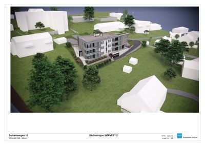 3D-visualisering (rendering) av et nytt bygg i et nabolag, sett fra sørvest.