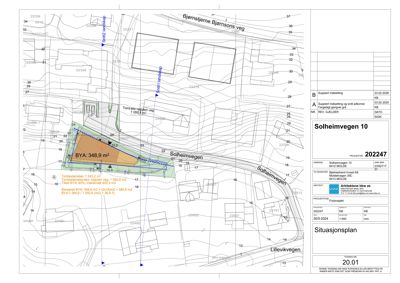 Situasjonsplan som viser tomtens grenser, høydemålinger, nabobebyggelse og beregnet BYA (Bruksareal).