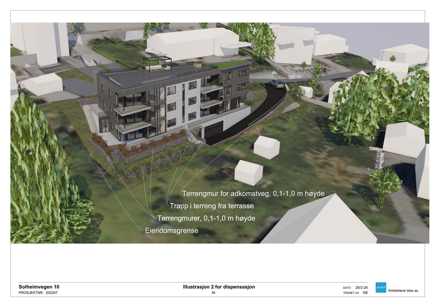 3D-visualisering (rendering) av et planlagt bygg med omgivende terreng, nabohus og detaljer som eiendomsgrense og terrangeringer.