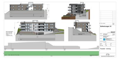 Fasadetegning med oppriss av bygningen sett fra ulike vinkler (NORD, VEST, SØR) og terrengforhold.
