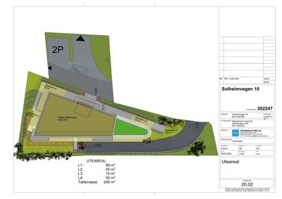 Situasjonsplan som viser bygningens plassering i forhold til tomme, vei og parkeringsplasser (2P).