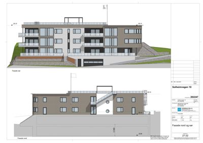 Fasadetegning som viser bygningens utseende fra nord og sør, inkludert høydeangivelser og materialvalg.