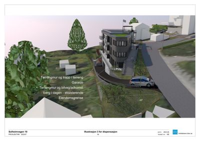 3D-visualisering (rendering) av et byggeprosjekt med omgivende terreng, vei og nabobebyggelse. Bildet viser hvordan bygningen vil se ut i forhold til terrenget og nabolaget.