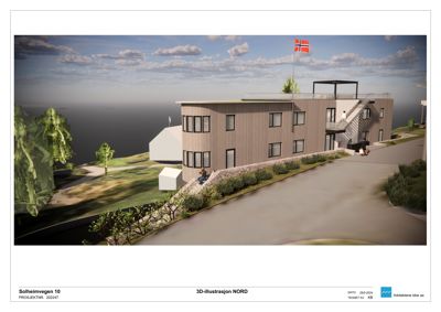 3D-visualisering (rendering) av bygningens nordfasade med omgivelser.