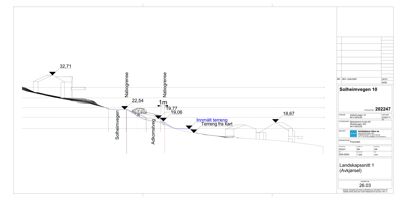 Landskapssnitt som viser terrengforhold, høydemål og nabogrenser for Solheimvegen 10.