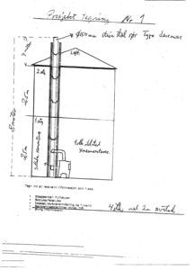 Snittegning som viser bygningens høyde, etasjer (1.etg, 2.etg, loft) og en stålkonstruksjon.