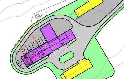 Situasjonsplan som viser bygningens plassering på tomten, tilkomstveier og nabolag.