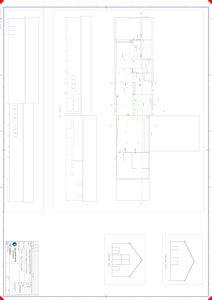 Fasadetegning som viser bygningens utseende fra flere vinkler (for, bak, side) med mål og detaljer.