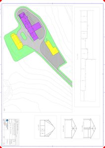 Situasjonsplan som viser bygningenes plassering på tomt med høydeforhold (konturlinjer) og tilhørende snittegninger.