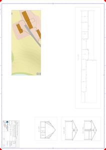 Bildet viser en situasjonsplan med topografi, bygningsplassering og snittegninger.