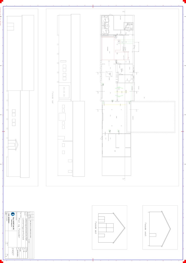 Bildet viser en tegning med fasadeopprikk (f.eks. 'Fasade øst', 'Fasade vest') og en situasjonsplan for en bygning.