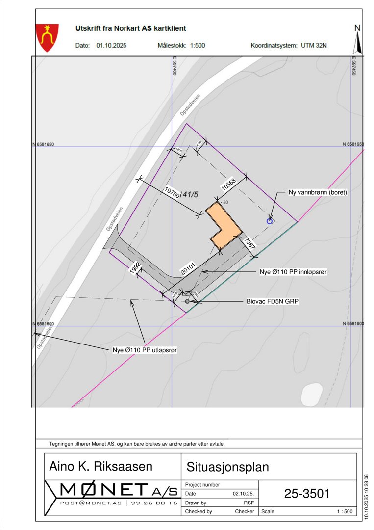 Situasjonsplan som viser tomtens grenser, bygningens plassering, og tilknyttede rørledninger (vann og avløp) med mål og koordinater.
