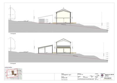 Tegning som viser to tverrsnitt (1 og 2) av en bygning sett fra siden, inkludert høyder, grunnplan og terrengforhold.