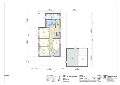 Etasjeplan (1. etg) for boligen og garasjen med romfordeling, mål og utvendige kledning.