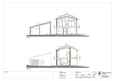 Tegning som viser tverrsnitt gjennom bygningen (Snitt A-A og Snitt B-B) med mål og konstruksjonsdetaljer.