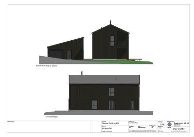 Fasadetegning som viser bygningens utseende fra nord og øst, inkludert garasje og balkong.