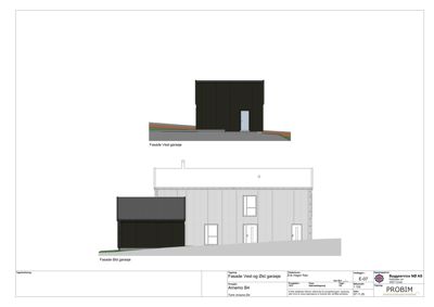 Fasadetegning som viser bygningens utseende fra vest og øst, inkludert garasje.