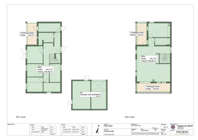 Plantegning som viser romfordeling og arealoppdeling for BRA 1 etasje, BRA 2 etasje og garasje med sportsbod.