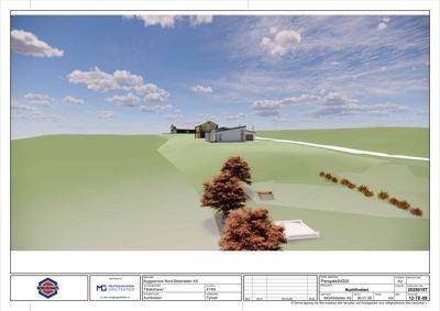 3D-visualisering (rendering) av et nytt byggprosjekt sett fra utsiden.