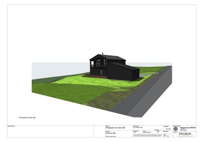 3D-visualisering (rendering) av en husmodell sett fra sør-øst, inkludert omgivelsene som terreng og vei.