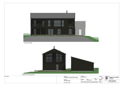 Fasadetegning som viser bygningens utseende fra vest og sør.