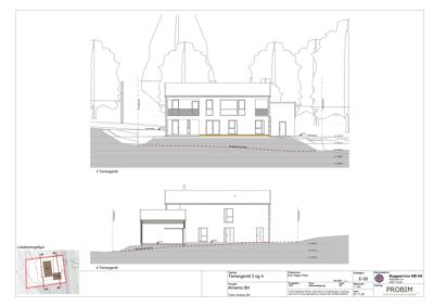 Tegning som viser tverrsnitt (terengsnitt) av to hus (3 og 4) i forhold til terrenget og omgivelsene.