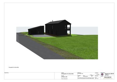 3D-visualisering (rendering) av et hus og en garasje sett fra nord-øst.