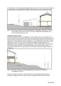 Tegninger som viser snitt gjennom bygningen og terrenget, inkludert høydemål og terrengprofil.