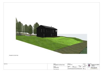 3D-visualisering (rendering) av en husfasade sett fra nord-vest, inkludert terreng og omgivende beplantning.