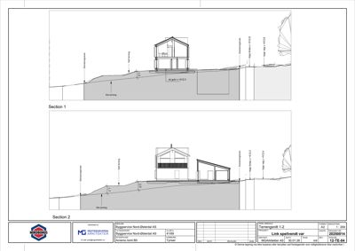 Tegning som viser tverrsnitt (snitt) av en bygning i forhold til terrenget, med høydemål og terrengforhold.