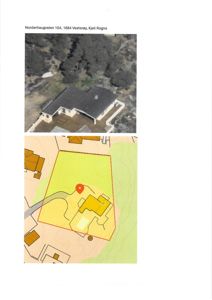 Bildet viser en adresse (Norderhaugveien 104) og inneholder to deler: øverst et flyfoto av huset, og nederst en digital kartvisning (situasjonsplan) med tomtegrenser og bygningsplassering.