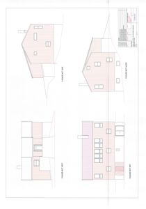 Fasadetegning som viser bygningens utseende fra fire sider: øst, vest, nord og sør.