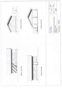 Fasadetegning som viser bygningens utseende fra fire ulike sider (Nord, Sør, Vest, Øst).