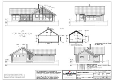 Fasadetegning som viser bygningens utsyn fra flere vinkler (front, side, og bak) med detaljer om takhøyder, vinduer og konstruksjon.