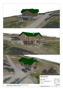Tre perspektivtegninger (renderinger) av en planlagt hytte sett fra ulike vinkler, inkludert bilplassering og terreng.