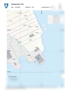 Situasjonskart som viser grunnreder, bygninger, vannkantar og grenser med målestokk 1:750.