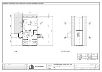 Etasjeplan for 1. etasje (og loft) med romfordeling, mål og snittreferanser.