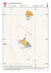 Situasjonskart som viser tomtens grenser (Gnr/Bnr 69/6), nabotomter, topografi (konturlinjer), eksisterende bygninger og veier.