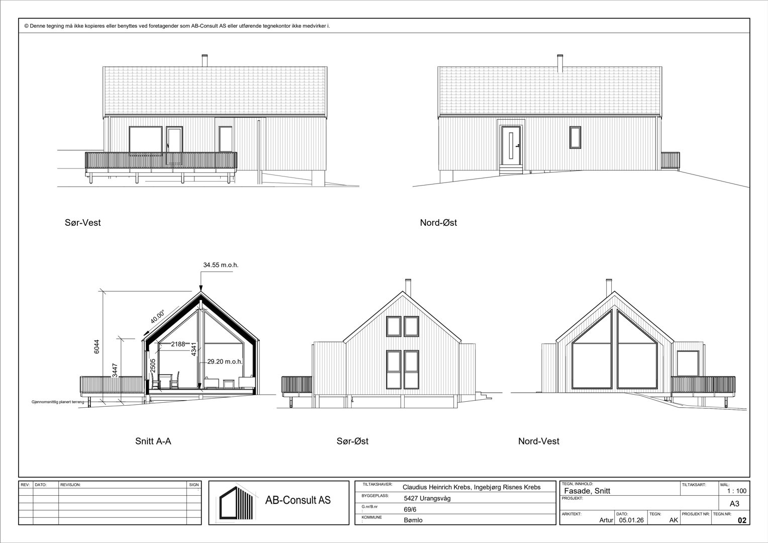 Fasadetegning som viser bygningens utsyn fra fire sider (Sør-Vest, Nord-Øst, Sør-Øst, Nord-Vest) samt et snitt (Snitt A-A) som viser takkonstruksjon og høyder.