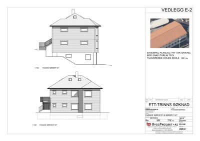 Fasadetegning som viser oppriss av bygning sett fra sørvest og søroost, med en illustrasjon av taktekkingen.