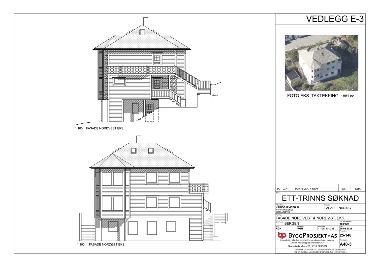 Fasadetegning (opprikk) av en bygning sett fra nordvest og nordøst, inkludert en fotokopi av eksisterende takteikning.