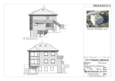 Fasadetegning (opprikk) av en bygning sett fra nordvest og nordøst, inkludert en fotokopi av eksisterende takteikning.