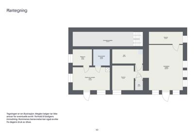 Etasjeplan eller plantegning som viser romfordeling, romarealer og inngangspunkt i en bolig.